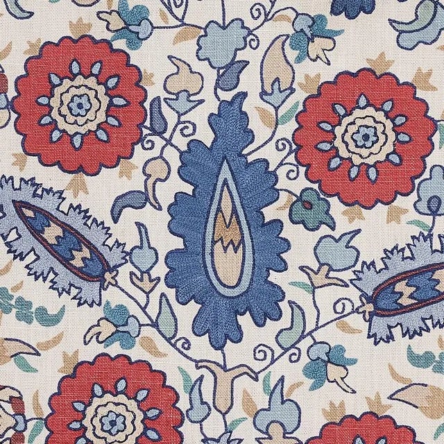 Traditional Schumacher Anatolia Embroidery Fabric in Blue & Red For Sale - Image 3 of 5