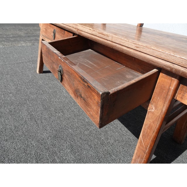 Vintage Rustic Asian Influence Teak Bench W Two Drawers For Sale - Image 11 of 12