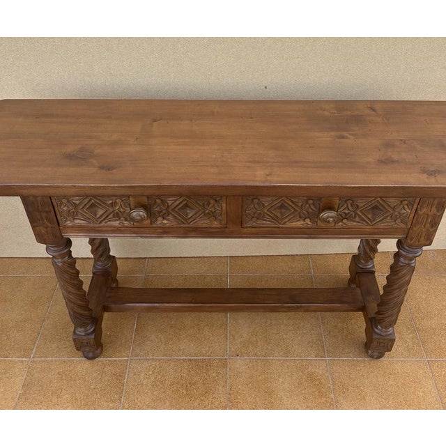 Spanish Carved Console Table with Barley Twist Legs and Drawers, 1930s For Sale - Image 4 of 13