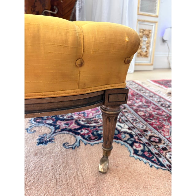 Wood Vintage Louis XVI Style Tufted Gold Ottoman With Brass Paw Feet For Sale - Image 7 of 10