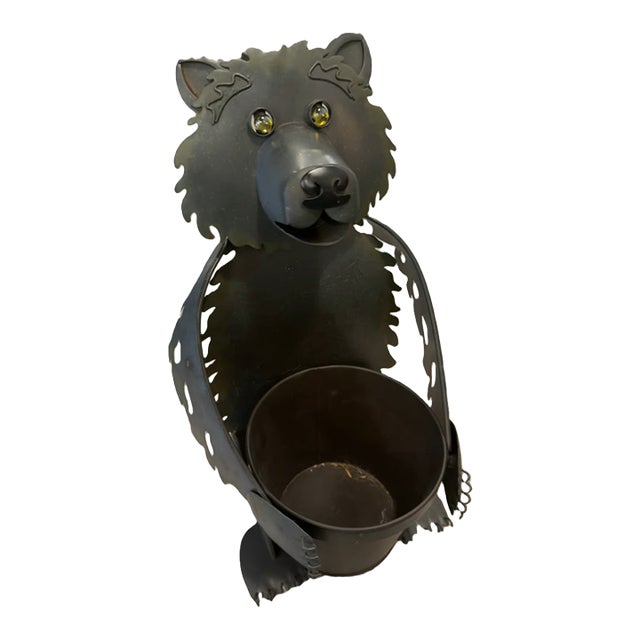 Vintage Hand-Crafted Artisan Metal Bear Sculpture Luminary & Planter For Sale