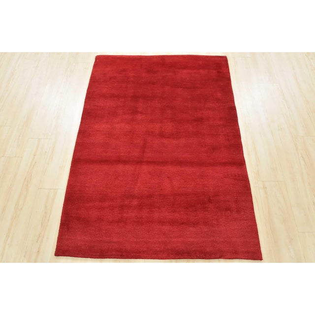 Contemporary Solid Red Rug 4′ X 5’8” Wool Contemporary Hand-Knotted Carpet For Sale - Image 3 of 11