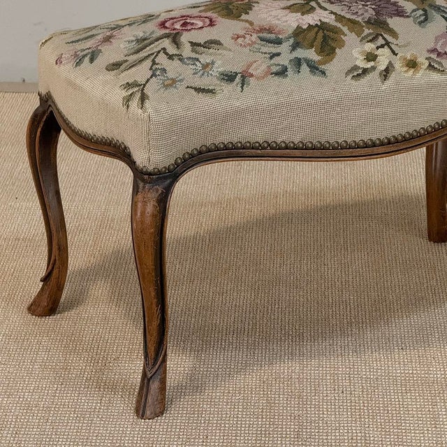 Wood Antique Louis XV Walnut Footstool With Floral Needlepoint Upholstery For Sale - Image 7 of 9
