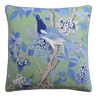 Pillow Hydrangea Bird in Emerald/ Blue by Ryan Studio For Sale