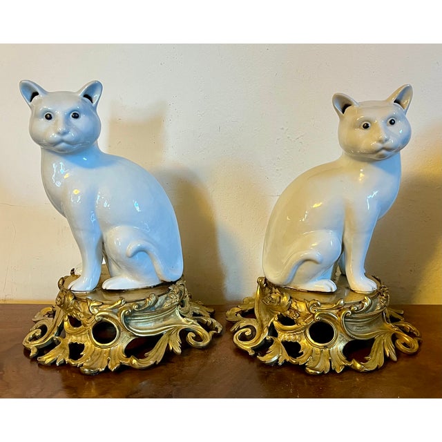 Ceramic Antique 19th Century Japanese Blanc De Chine Models of Seated Cats Mounted on French Gilt Bronze Ormolu Bases - A Pair For Sale - Image 7 of 12