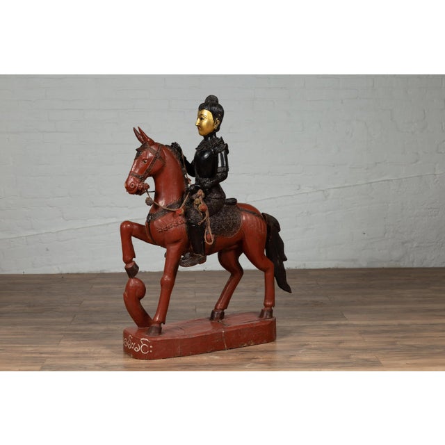Mid 20th Century Vintage Burmese Polychrome Carved Wooden Statue of a Warrior on his Horse For Sale - Image 5 of 13