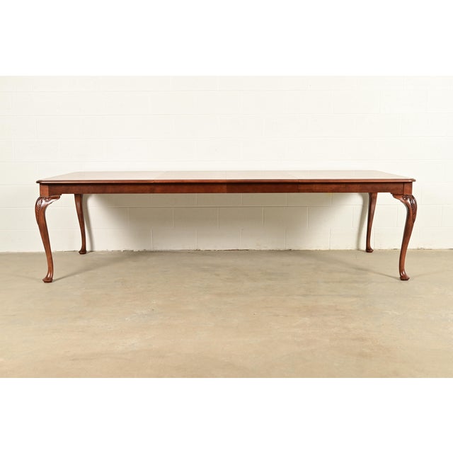 Queen Anne Baker Furniture Queen Anne Carved Cherry and Burl Wood Extension Dining Table, Newly Refinished For Sale - Image 3 of 15