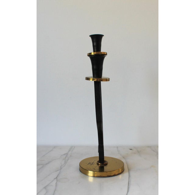 Metal Mid-Century Black Metal and Brass Scrolled Double-Candle Holder For Sale - Image 7 of 11