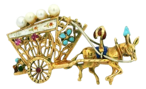 1960s 18k Gold Jeweled Donkey Cart Brooch With Pearls, Turquoise & Enamel