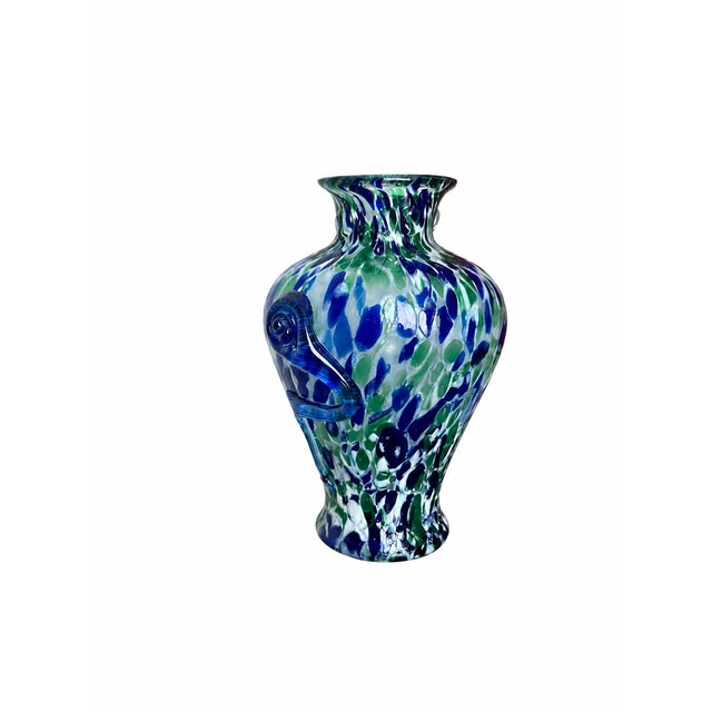 Blue and Green Spatter Art Glass Vase With Cobalt Scroll Handles For Sale - Image 11 of 15