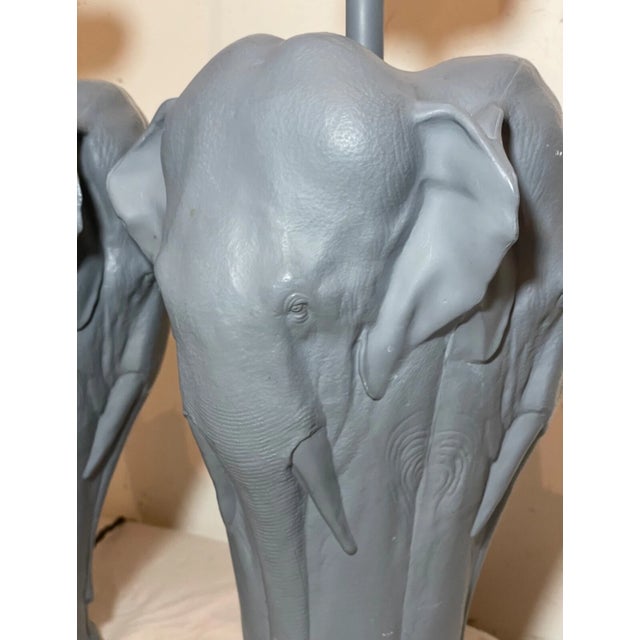 Pair of Vintage Figural Elephant Heavy Gray Painted Metal Electric Table Lamps For Sale - Image 10 of 12
