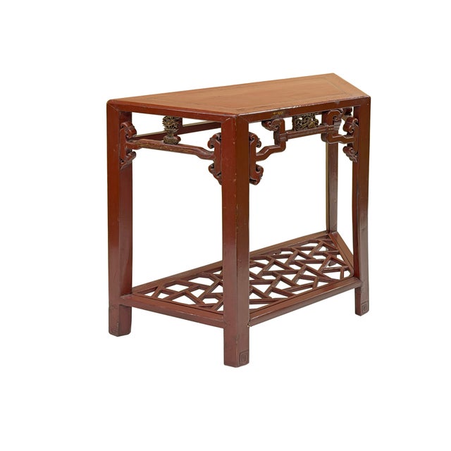 Rustic Distressed Reddish Brown Trapezoidal Geometric Lattice Panel Console Table For Sale - Image 3 of 13
