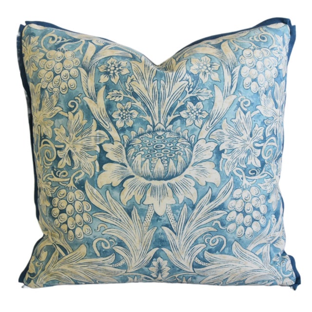 2020s English Morris & Co Sunflower Blue Linen Feather/Down Pillow 21” Square For Sale - Image 5 of 8