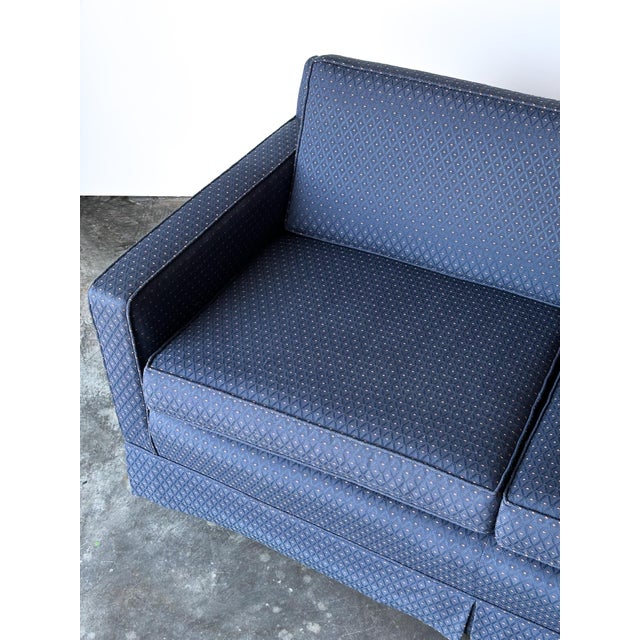 Wood 1960s Vintage Mid-Century Navy Jacquard Skirted Tuxedo Sofa For Sale - Image 7 of 18