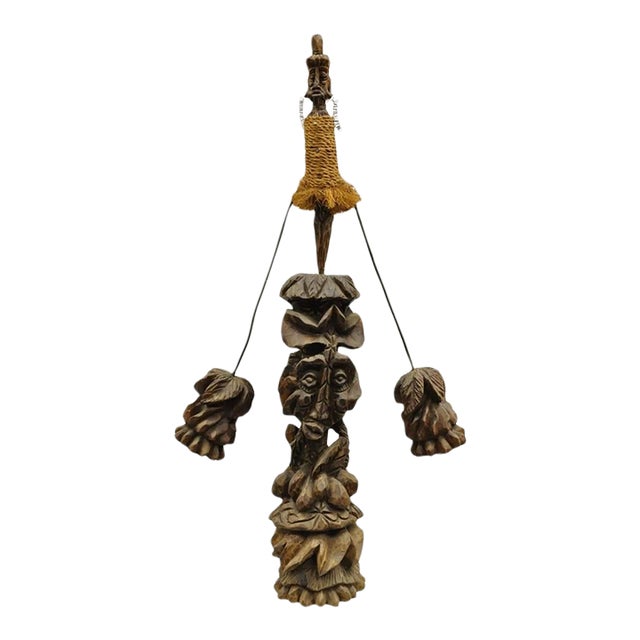 Late 20th Century Primitive Carved Wood Figural Tiki Totem Kinetic Wobbly Balancing Art Sculpture For Sale