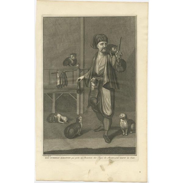 Antique portrait titled 'Dgi-Guerdgi Albanois qui porte au Bezestein des Foyes de Mouton pour nourrir les Chats'. Antique...