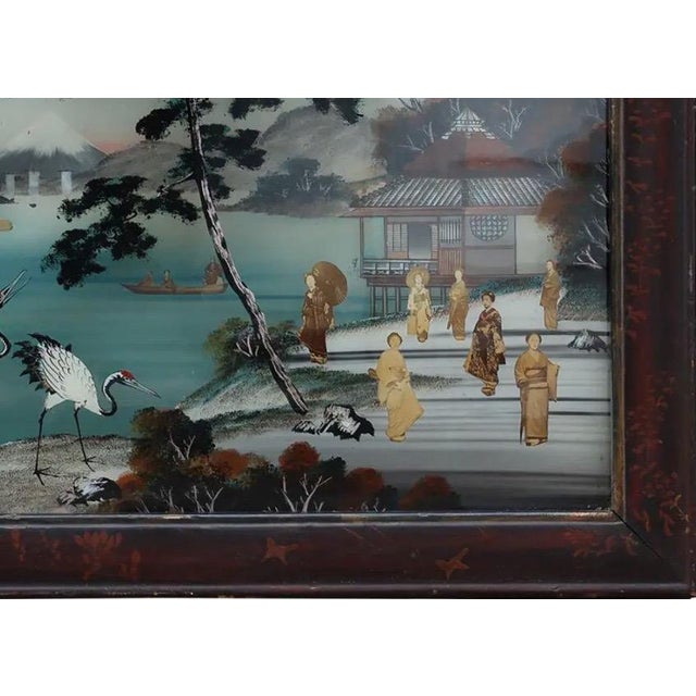 Antique Meiji Period Japanese Reverse Glass Painting - Mother of Pearl Inlay - Cranes at Mt. Fuji - C. 1890 For Sale In Portland, ME - Image 6 of 10