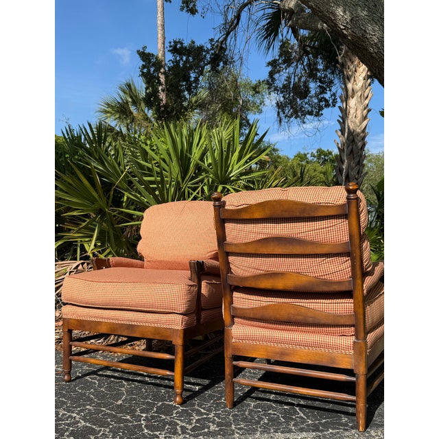 Textile Pair of Custom Walter E. Smithe Ladder Back Lounge Chairs in Red Gingham For Sale - Image 7 of 9