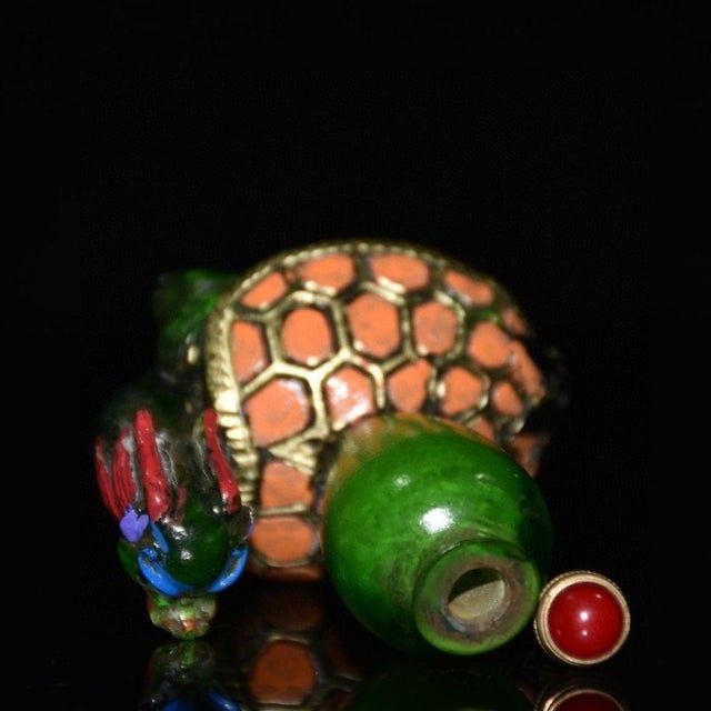 Asian Green Peking Glass Snuff Bottle With Dragon Turtle Motif For Sale - Image 3 of 8