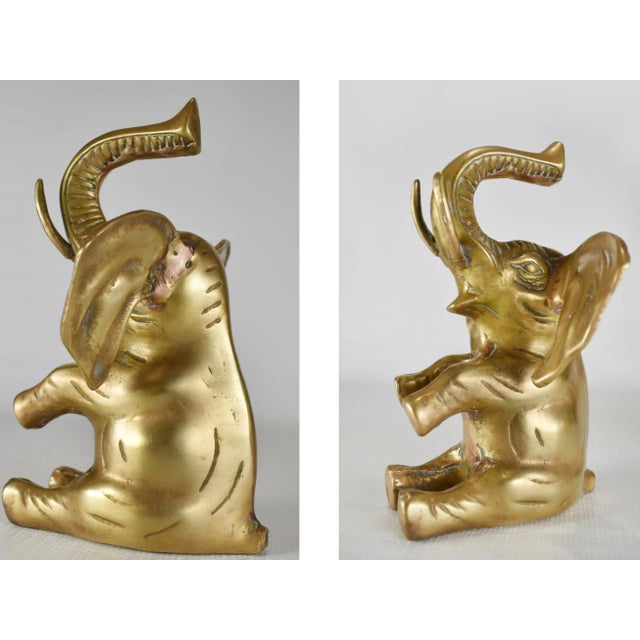 Mid 20th Century Mid 20th Century Vintage Handmade Solid Brass Trunk Up Standing Sitting Proposal Couple Elephant Statue - a Pair For Sale - Image 5 of 12