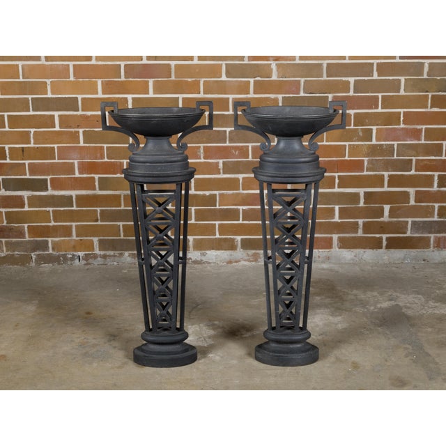 19th Century Pair of English Victorian 19th Century Cast Iron Planters with Neoclassical Urns For Sale - Image 5 of 12
