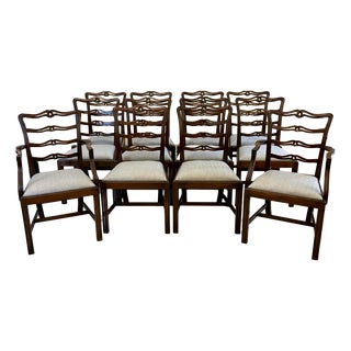 Antique Chippendale Style Ladder Back Dining Chairs in Mahogany, 1900, Set of 12 For Sale