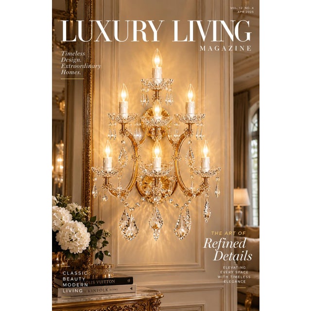 This is a tiered, seven-light electric wall sconce designed in the historic Maria Theresa style, featuring flat metal arms...