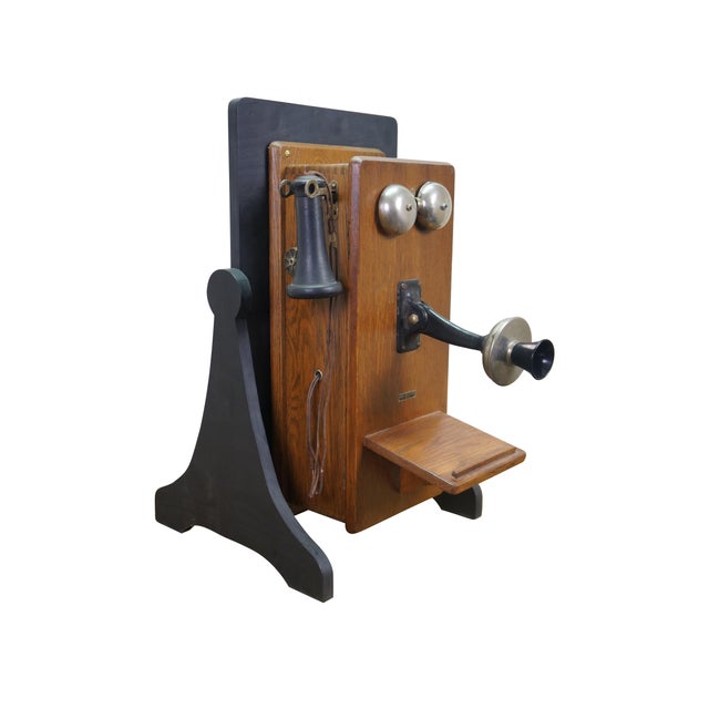 American Antique Sears Roebuck & Co Oak Hand Crank Wall Telephone Phone on Stand 24" For Sale - Image 3 of 18