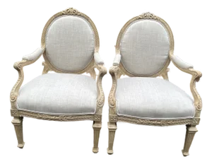1940s Pair Stripped Carved Upholstered Fauteuils