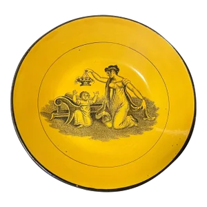Antique Early 19th Century Canary Yellow Pearlware Saucer Dish Decorated With a Domestic Scene After Adam Buck