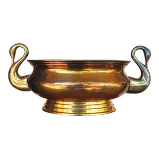 Oval Brass Centerpiece Bowl or Jardiniere With Swan Handles For Sale