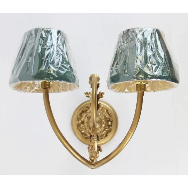 Gilt Wall With Two Socket Sconces With Green Shades For Sale In New York - Image 6 of 6