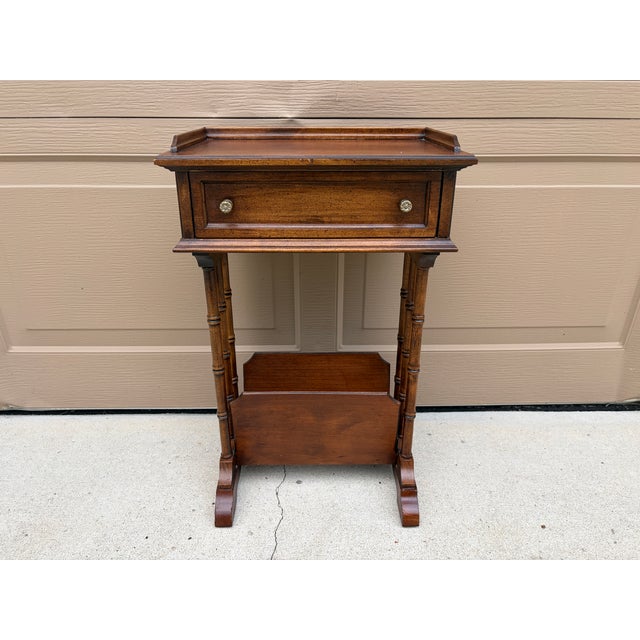 Brandt Mid-20th Century Brandt Walnut Faux Bamboo Side Table With Drawer & Magazine Rack For Sale - Image 4 of 17