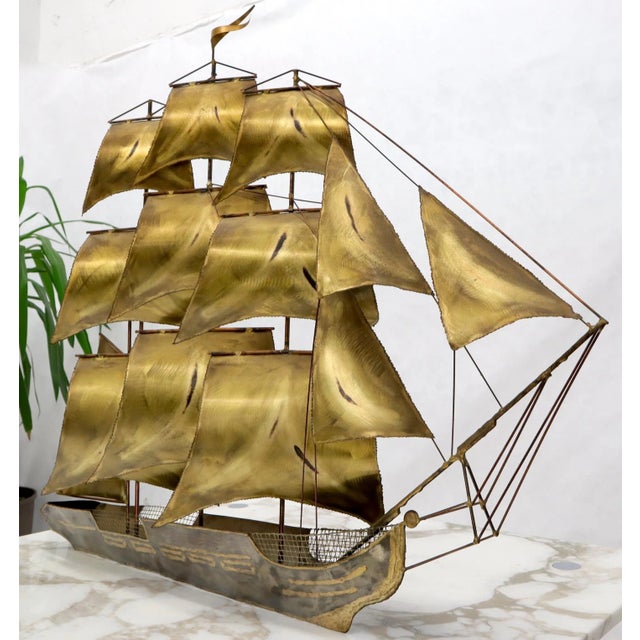 1970s Brass or Bronze Sheet Metal Wall Art Sculpture of a Sail Boat For Sale - Image 5 of 9