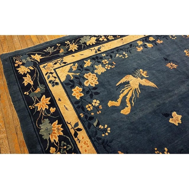 Textile Blue Floral Bird Chinese Peking Knotted Room Size Blue Wool Antique 1920s Rug For Sale - Image 7 of 9
