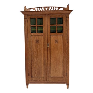 Arts & Crafts Art Nouveau Bookcase with Green Glass, 1900s For Sale