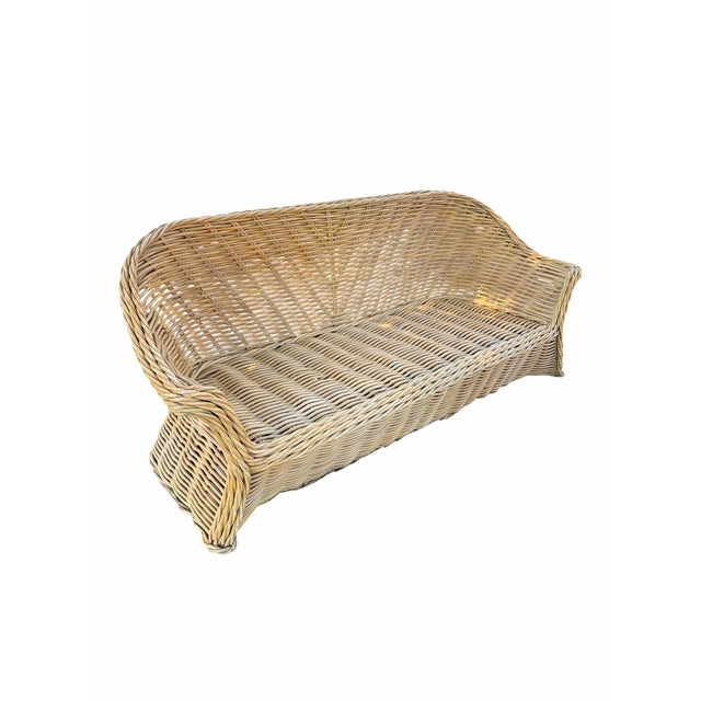Vintage Coastal Wicker Sofa With Channel-Tufted Cranberry Cushions For Sale - Image 9 of 10