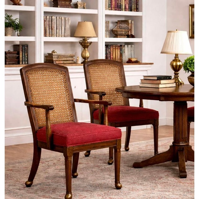 Red Set of Five Antique Oak Wicker-Back Armchairs With Red Upholstered Seats & Original Casters For Sale - Image 8 of 8