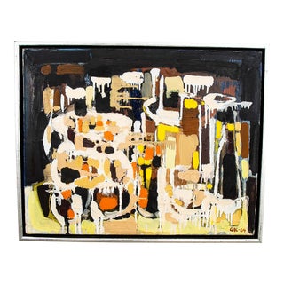Mid Century Modern Art Abstract Expressionism Painting Brown Tans Yellow Orange For Sale