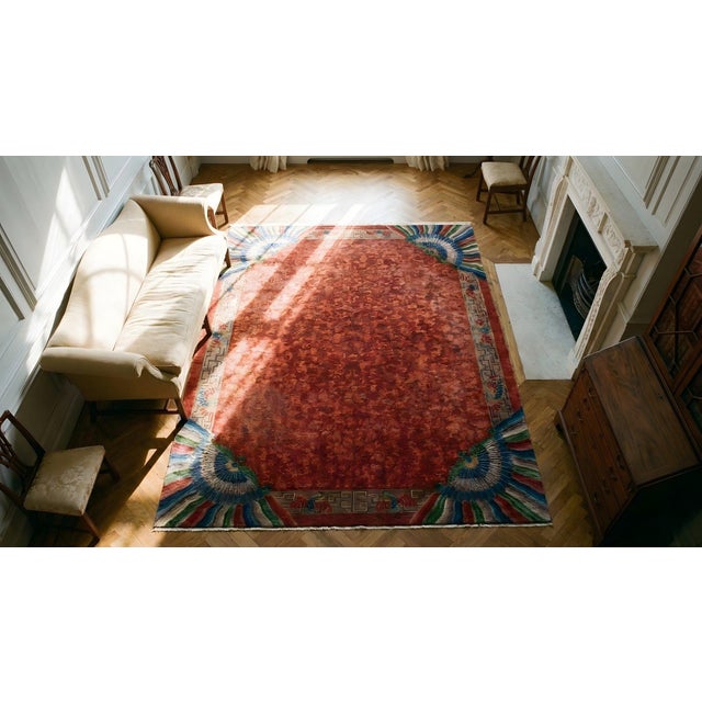 Stupendous Claret Background Color Asymmetric Patterns Antique Chinese Art Deco Rug For Sale - Image 14 of 14