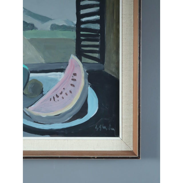Gray Mid-Century Modern 'Still Life With Mountain View' Vintage Original Interior Oil Painting, Framed For Sale - Image 8 of 13