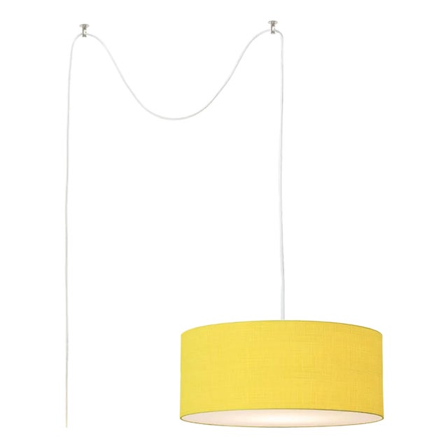 Stretch Swag Lamp, Mustard Linen Shade, Satin Nickel, for Living Room or Bedroom For Sale