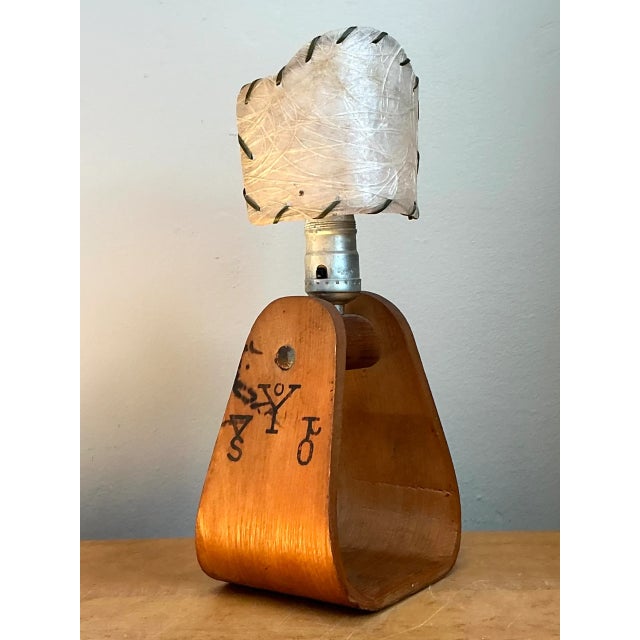 Wood Vintage Mid-Century Modern Wood and Metal Stirrup Table Lamp For Sale - Image 7 of 12