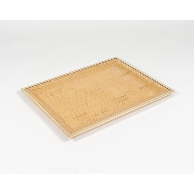 Midcentury wonderful rectangular serving tray in lucite, wicker and brass in the style of Christian Dior Home. Made in...