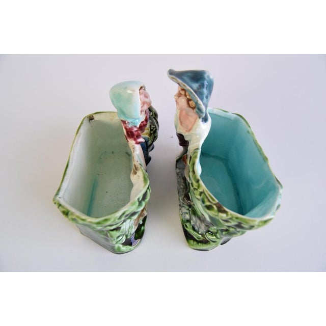 Shepherd and Shepherdess Majolica Flower Vases from HK, 1890s, Set of 2 For Sale - Image 10 of 13