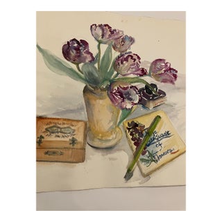 1980’s Original Contemporary Impressionist Watercolor Still Life Painting Tulips For Sale