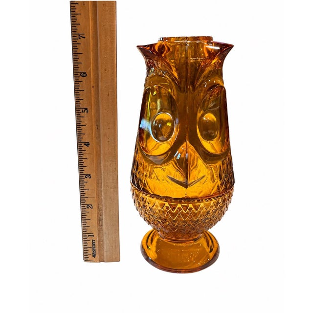 Vintage Viking Art Glass Amber Owl Glimmer Fairy Lamp on Diamond Point Pedestal Base, Mid-Century Modern, C. 1969 For Sale - Image 6 of 7