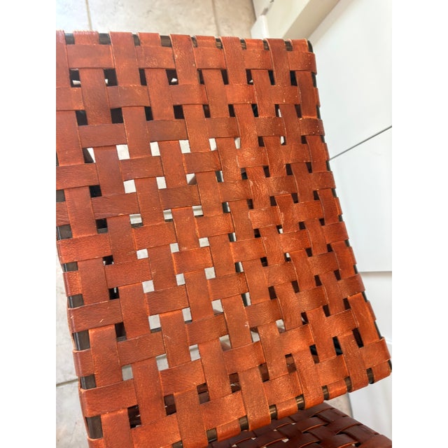 Vintage Woven Saddle Leather Bar Stools - A Pair For Sale - Image 9 of 13