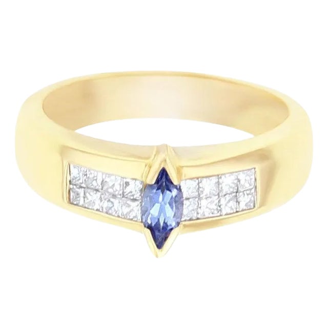 Diamond & Marquise Sapphire Ring .40cttw 14K Yellow Gold, Size 9 For Sale