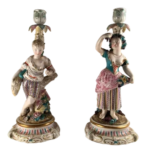 Mid 19th Century Porcelain Rococo Style Figural Candlesticks - a Pair